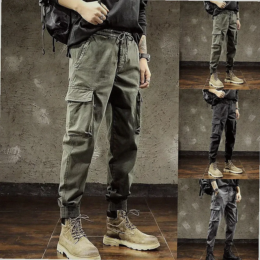 Herren Einfarbig Cargo Jogginghose Paket Fuß Loose Fit Full Length Hose