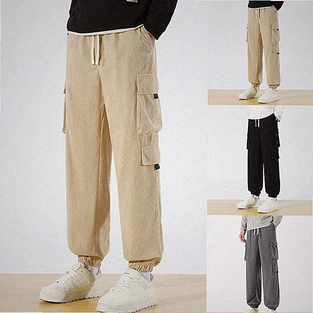 Herren einfarbige Cargo Jogginghose locker gerader Schnitt mit funktionellem für