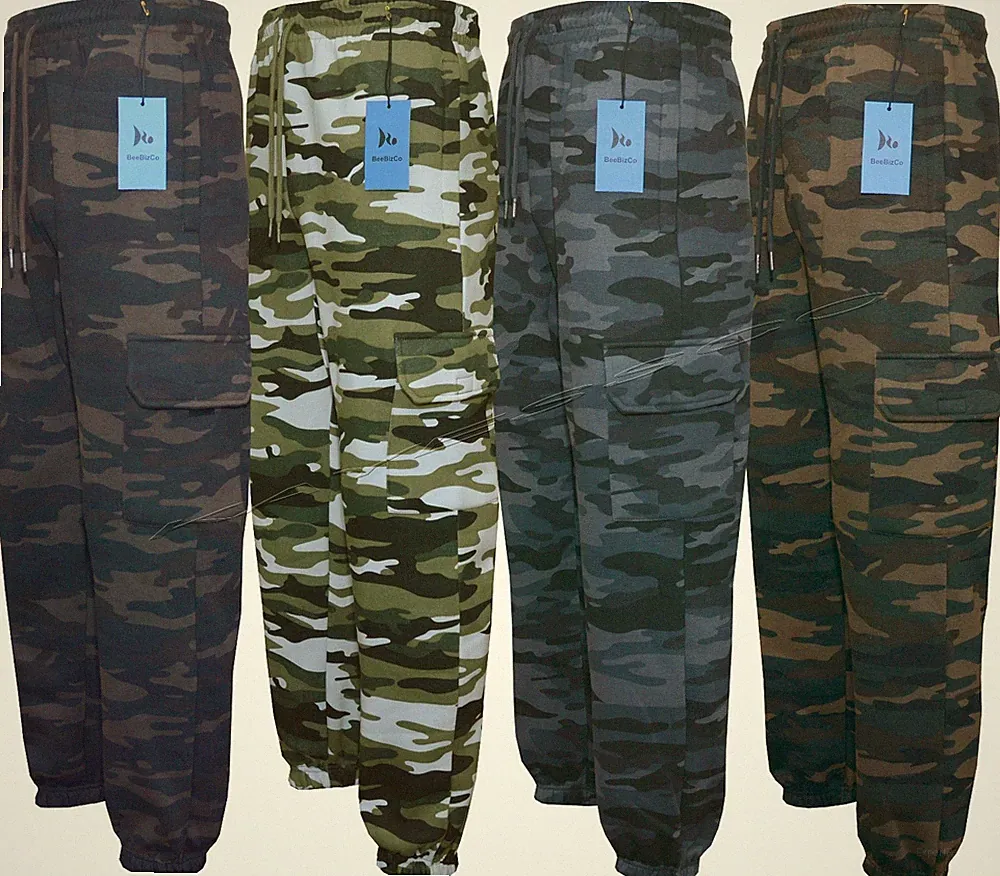 Herren Elastische Cargo Combat Jogginghose Camouflage Hose mit Reißverschlusstaschen M-3XL