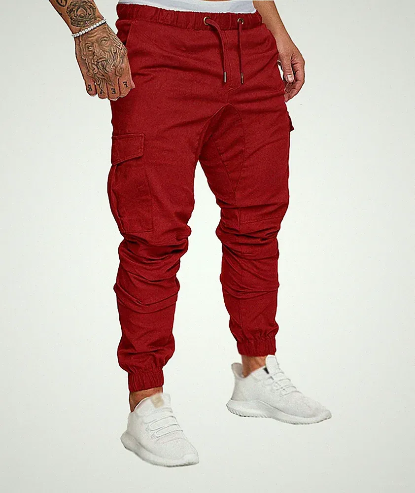 Herren Elastische Hose Gürtel Baumwolle Jogginghose Cargohose Taschen Wein L