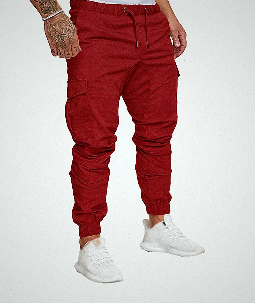Herren Elastische Hose Gürtel Baumwolle Jogginghose Cargohose Taschen Wein XL
