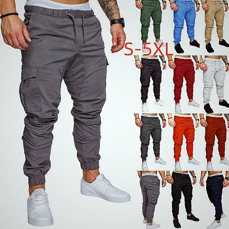 Herren Elastischer Bund Cargo Kampf Arbeitshose Jogginghose Tasche Bündchen Hose UK