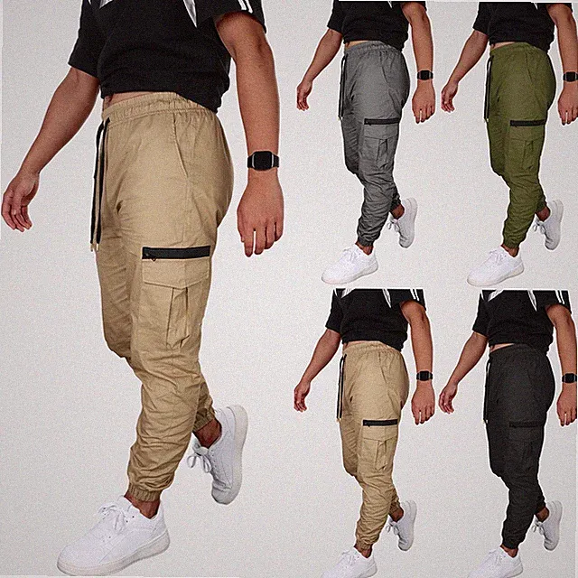 Herren Elastischer Bund Cargohose Taschen Kampf Arbeit Slim Fit Hose Jogginghose