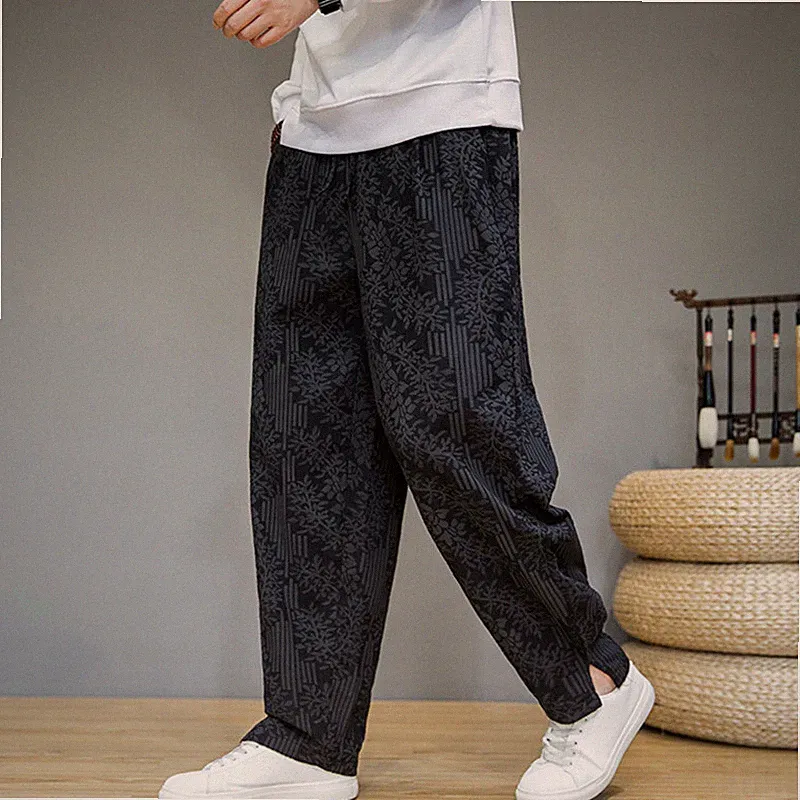 Herren Ethnisch Leinen Mischung Blumen Jogginghosen Freizeit Gummibund Lang Hose