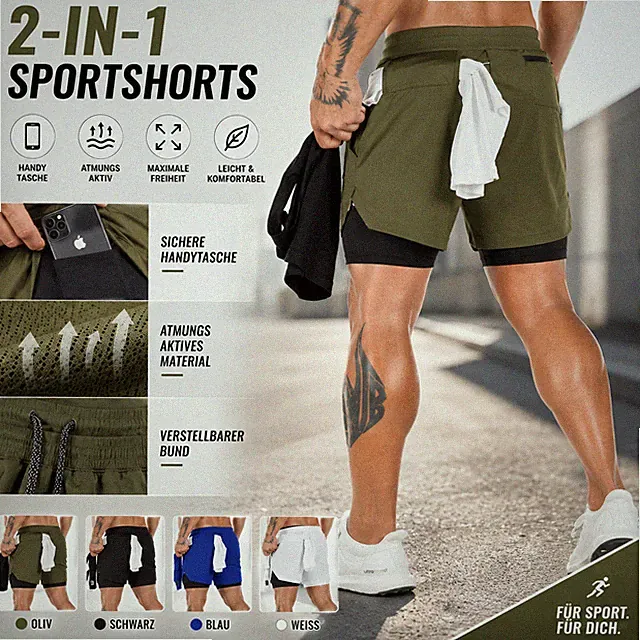 Herren Fitness Shorts 2in1 Laufshorts Sporthose mit Handytasche Gym Training