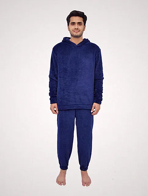 Herren Fleece Hoodie & Jogger Set Navy M Coral Fleece Relaxed Fit Loungewear Cozy