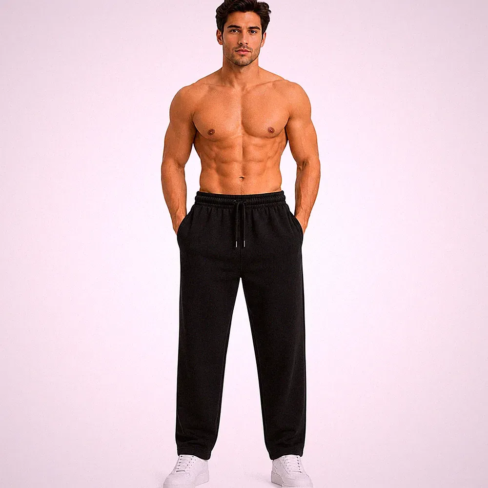 Herren Fleece Jogginghose offener Saum Sweatpants Reißverschlusstaschen gerades Bein S-5XL