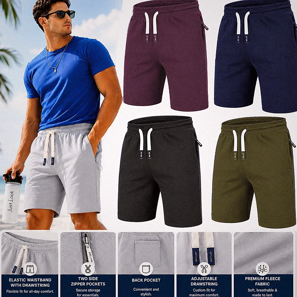 Herren Fleece Shorts mit Reißverschlusstaschen Sweat Sommer Jogger Uni Jersey Jogging Neu