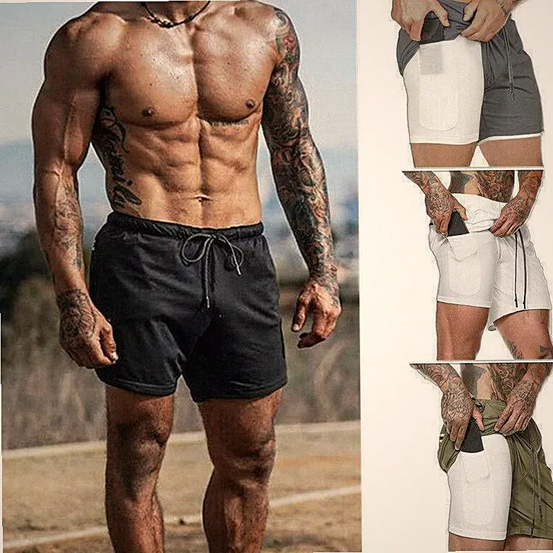 Herren Freizeit2 in 1 Hosen Gym Jogger Laufshorts Sport Kurzhose mit Handytasche