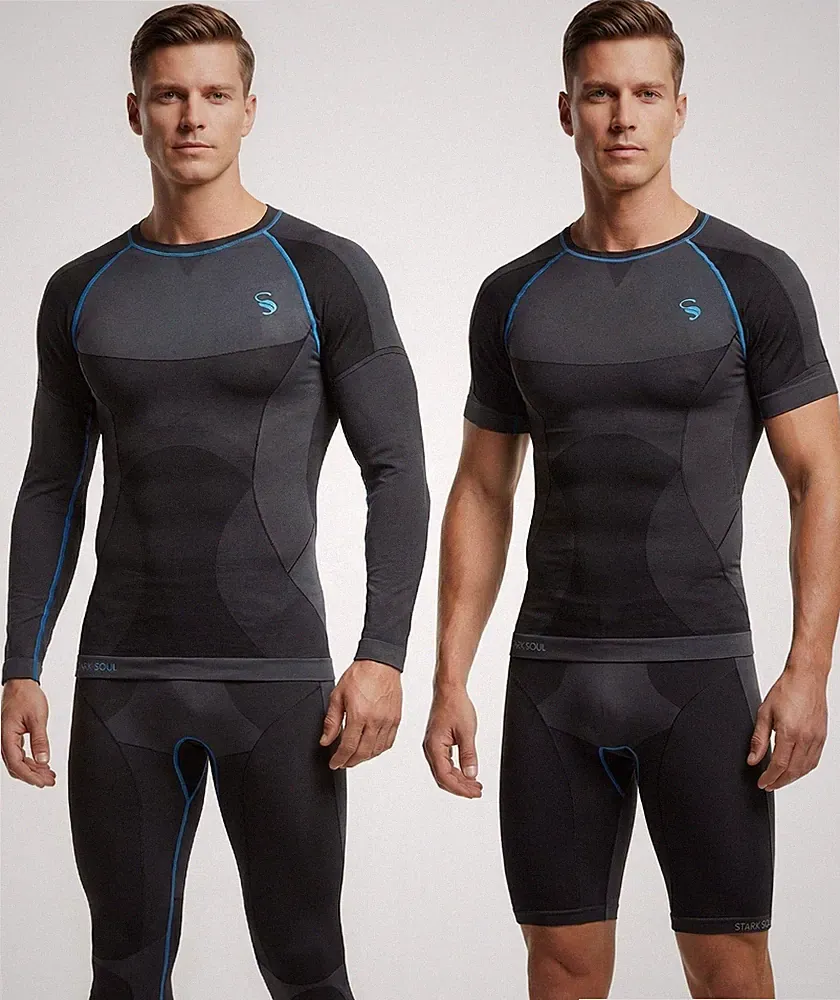 Herren Funktionsunterwäsche Sport Seamless Langarm Kurzarm Shirt Radler 3/4 Hose