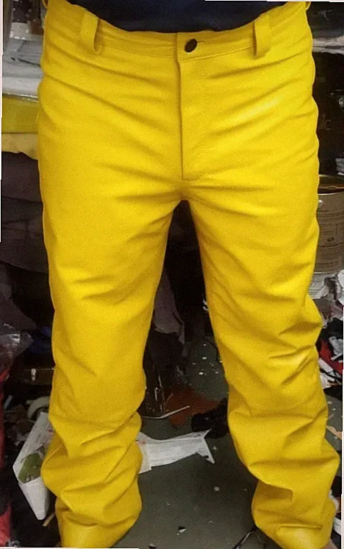 Herren Gelbe Lederhose Rein Schafsleder Slim Fit Gerade Taschen Reißverschluss