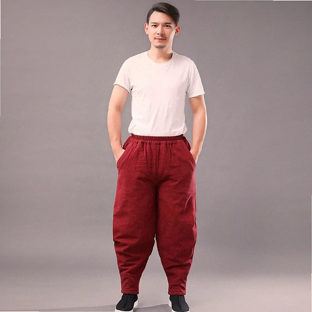 Herren Gepolsterte Baumwoll-Leinen Stepphose Jogginghose Locker Tapered