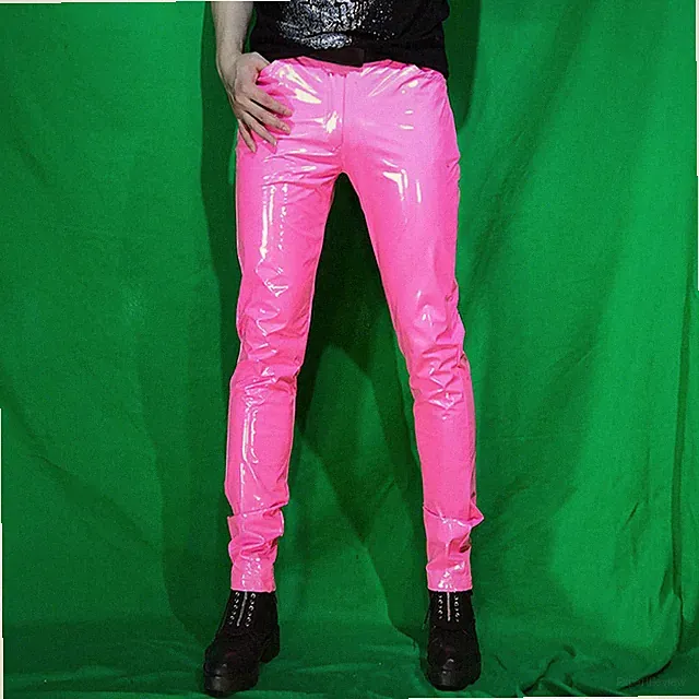 Herren Glänzend Metallisch Kunstleder Hose Skinny Stretch Hose Club Kleidung