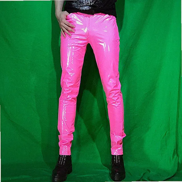 Herren Glänzend Metallisch Kunstleder Hose Skinny Stretch Hose Clubwear