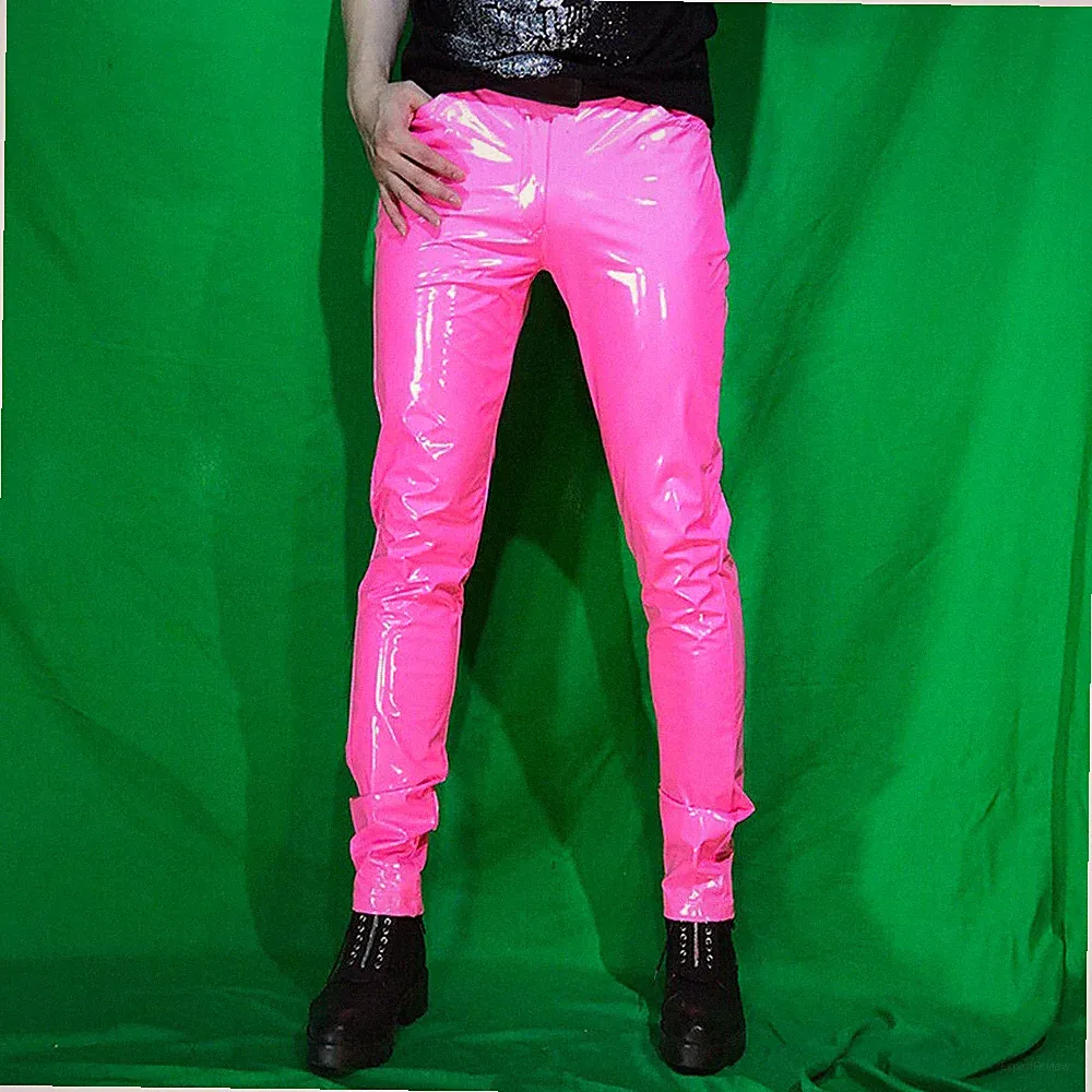 Herren Glänzend Metallisch Kunstleder Hose Skinny Stretch Hosen Clubwear