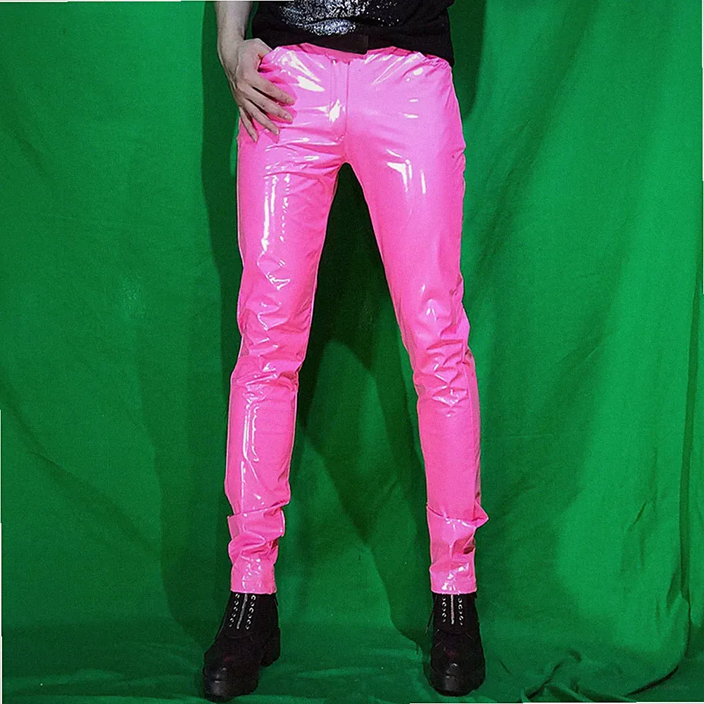 Herren Metallisch Kunstleder Hose Glänzend Skinny Stretch Hose Clubwear Hose
