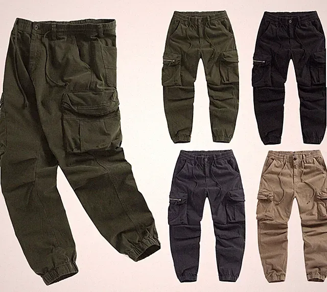 Herren Gummibund Cargo Combat Arbeitshose Jogginghose Taschenbündchen Hose