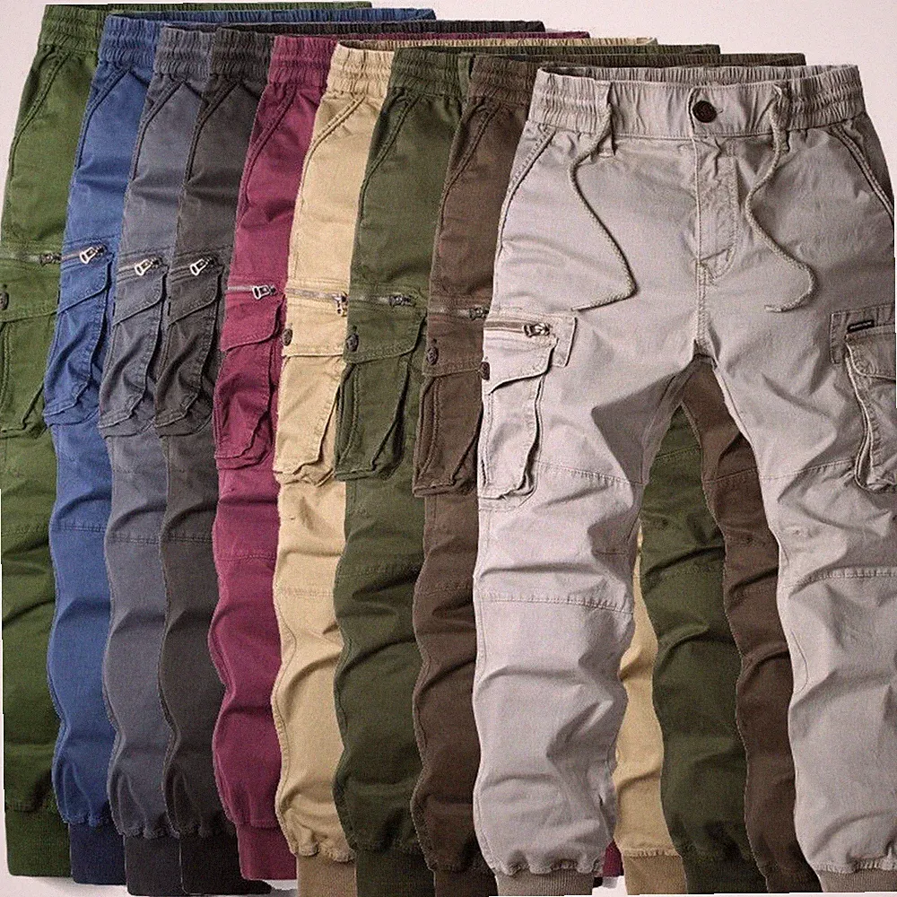 Herren Gummibund Cargo Combat Arbeitshose Taschenbündchen Hose Jogginghose