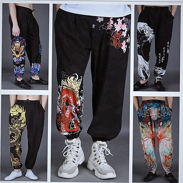 Herren Harem Hose Locker Casual Drache Vintage Baggy Fashion Schwarz