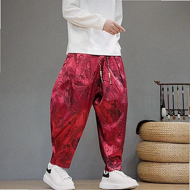 Herren Haremhose Drachenmuster Schnürung Chinesische Casual Tapered Hose