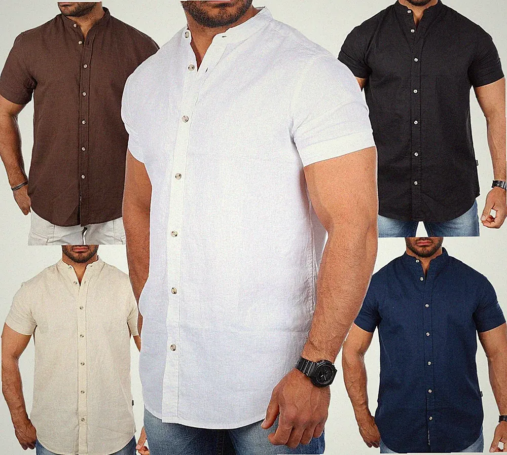 Herren Hemd Leinen Baumwoll Mix Carisma Stehkragen kurzarm regular fit 9337