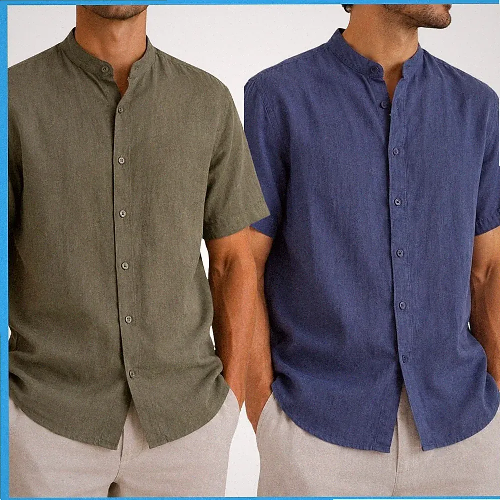 Herren Hemd Leinenmischung Slim Fit Koreanischer Kragen Sommer Kurzarm Weiß