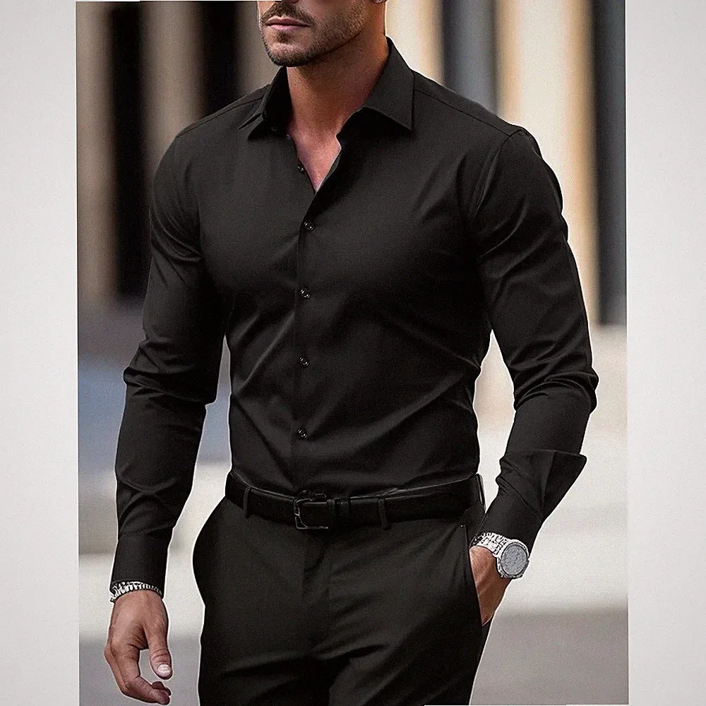 Herren Hemd Uni Elastisch Slim Fit Stretch Langarm Business Freizeit Polyester