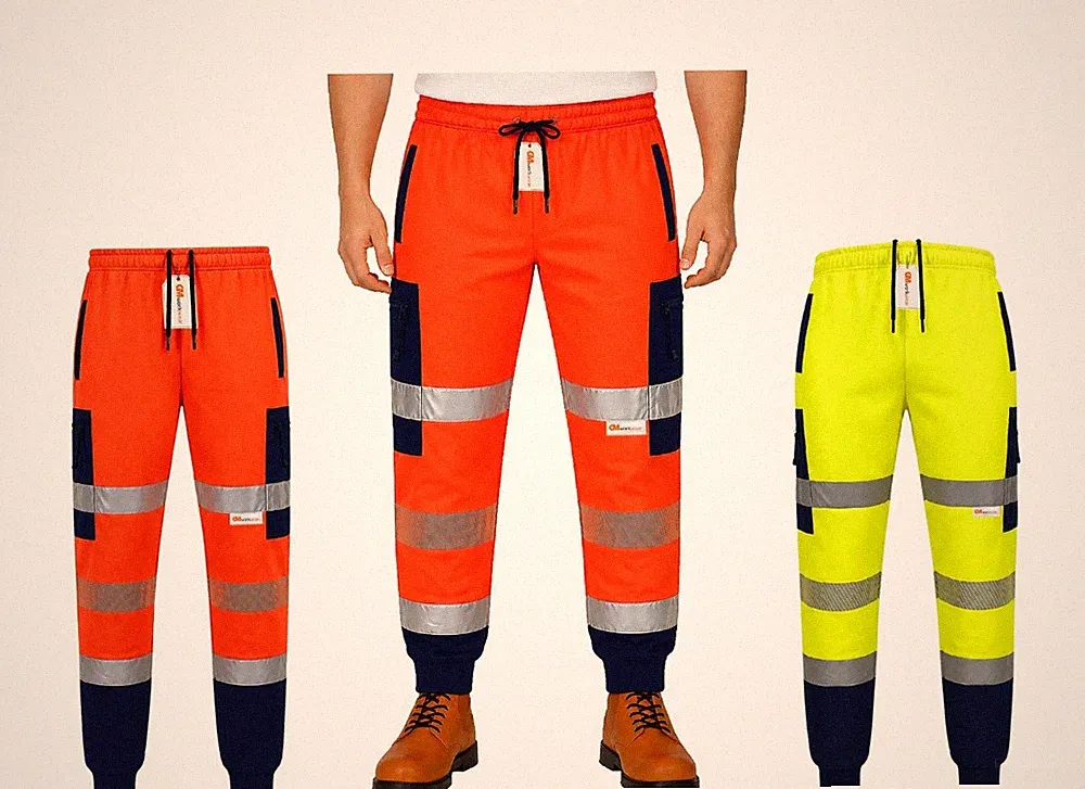 Herren Hi Vis Jogginghose Sicherheit Arbeitshose reflektierend orange marine Reißverschlusstaschen PSA