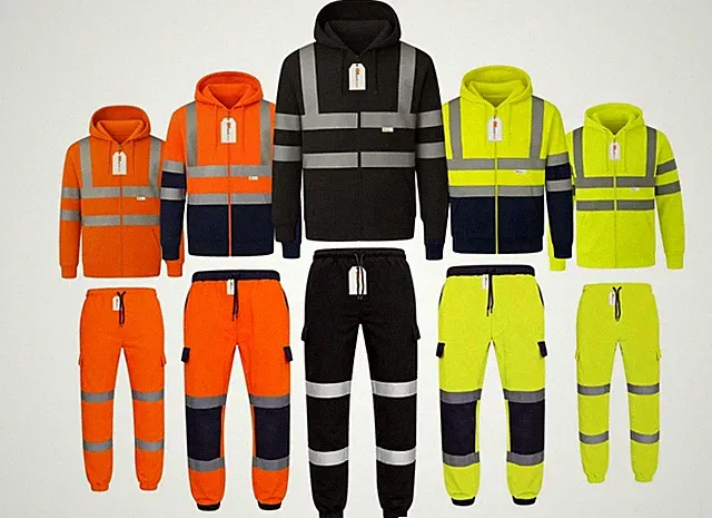 Herren Hi Vis Reflektierender Reißverschluss Hoodie & Jogginghose Arbeitskleidung Set EN ISO 20471