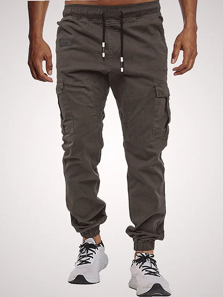 Herren Hose Chino Cargo Jogginghose Baumwolle Casual Sport Grau Taschen M