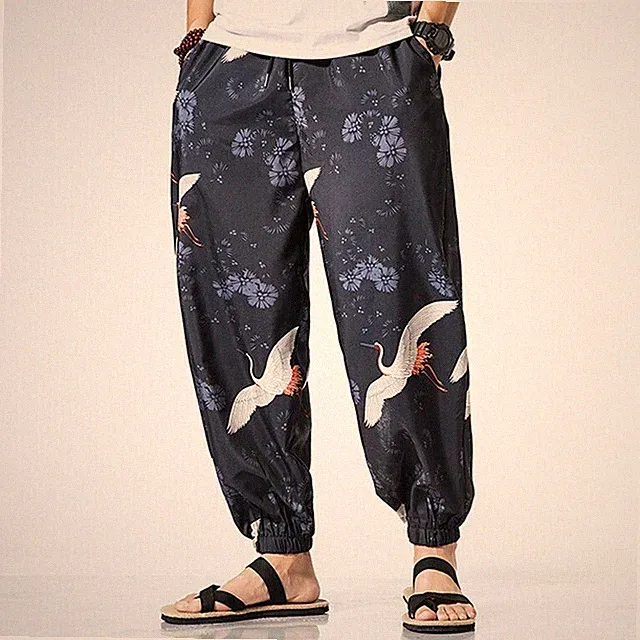 Herren Hose Knöchel Beringen Japanisch Crane Freizeit Ethnisch Stil Lose Shp