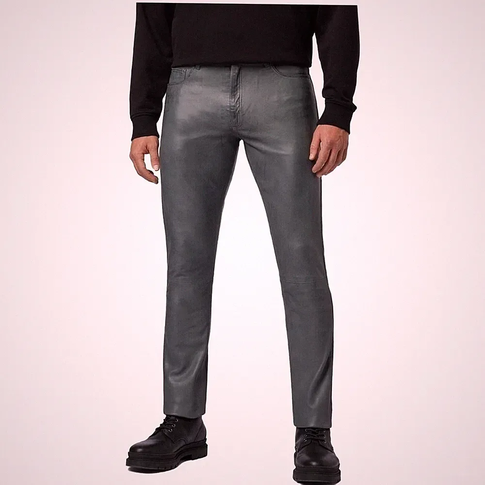 Herren-Jeans aus echtem grauem Leder, 5 Taschen, Jeans, Leder, Motorrad,...