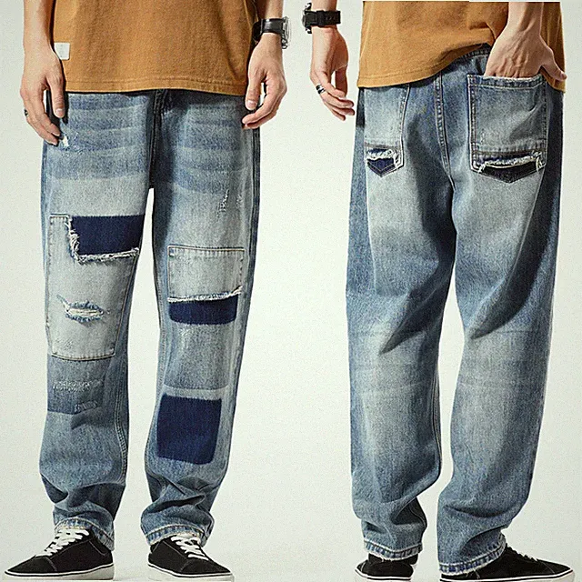 Herren Jeans Freizeit Denim Patchwork Hose Straight Distressed Hose Loose Chic