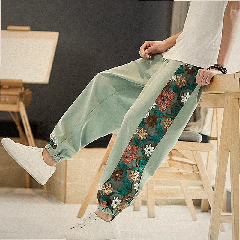 Herren Jeans Hose Stickerei Blumenmuster Gummibund Bündchen Jogginghose Ethnisch