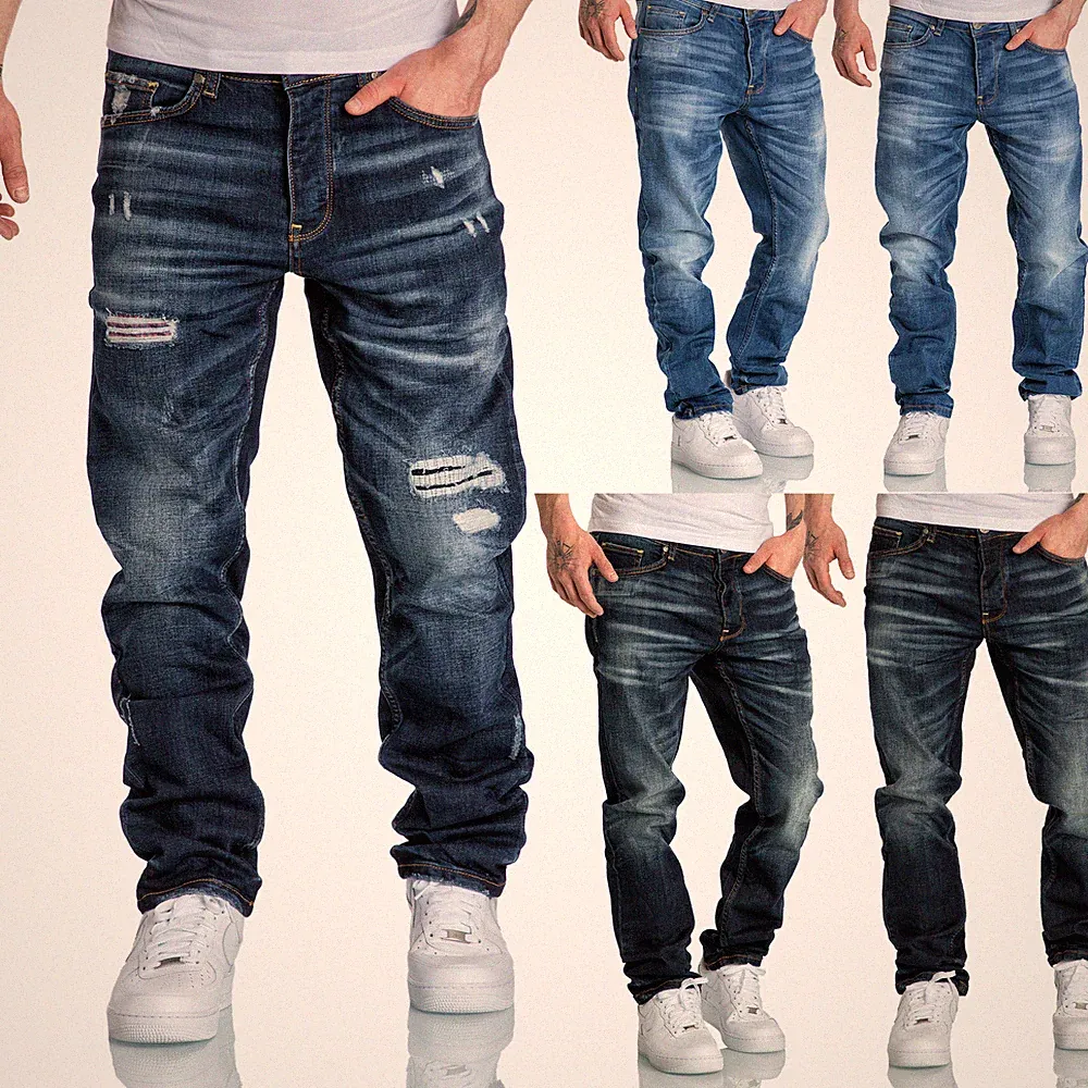Herren Jeans Regular Straight Fit Denim Hose Destroyed 7984