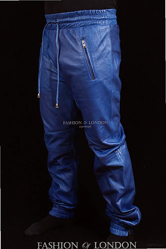 Herren JOGGER Blau Lammfell Premium Echt Weich Leder Jogginghose Zughose