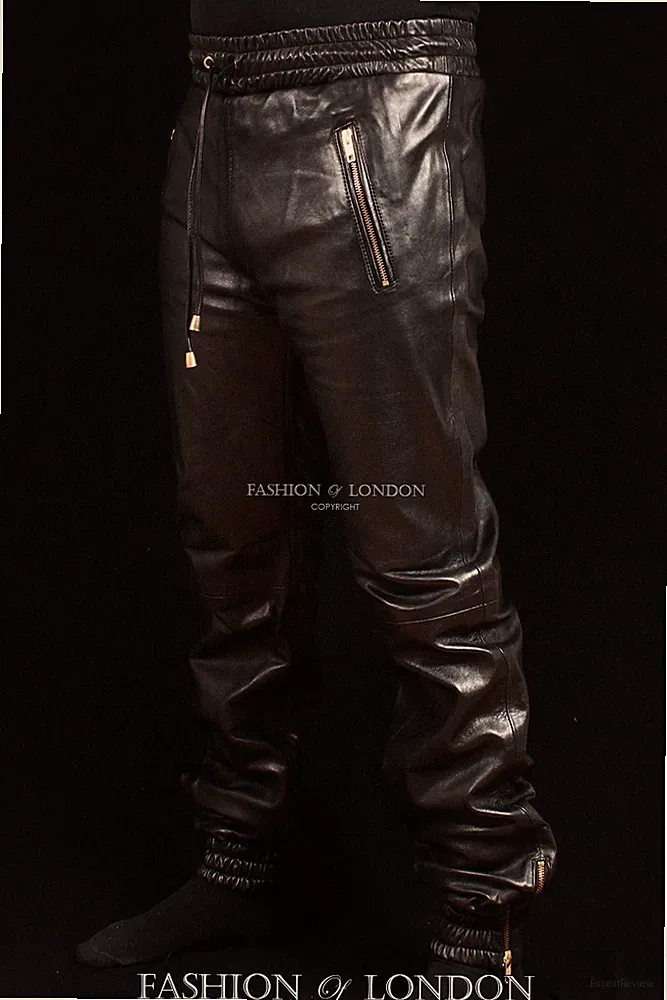 Herren JOGGER schwarz Lammfell Premium echt weiches Leder Jogginghose Kordelzughose