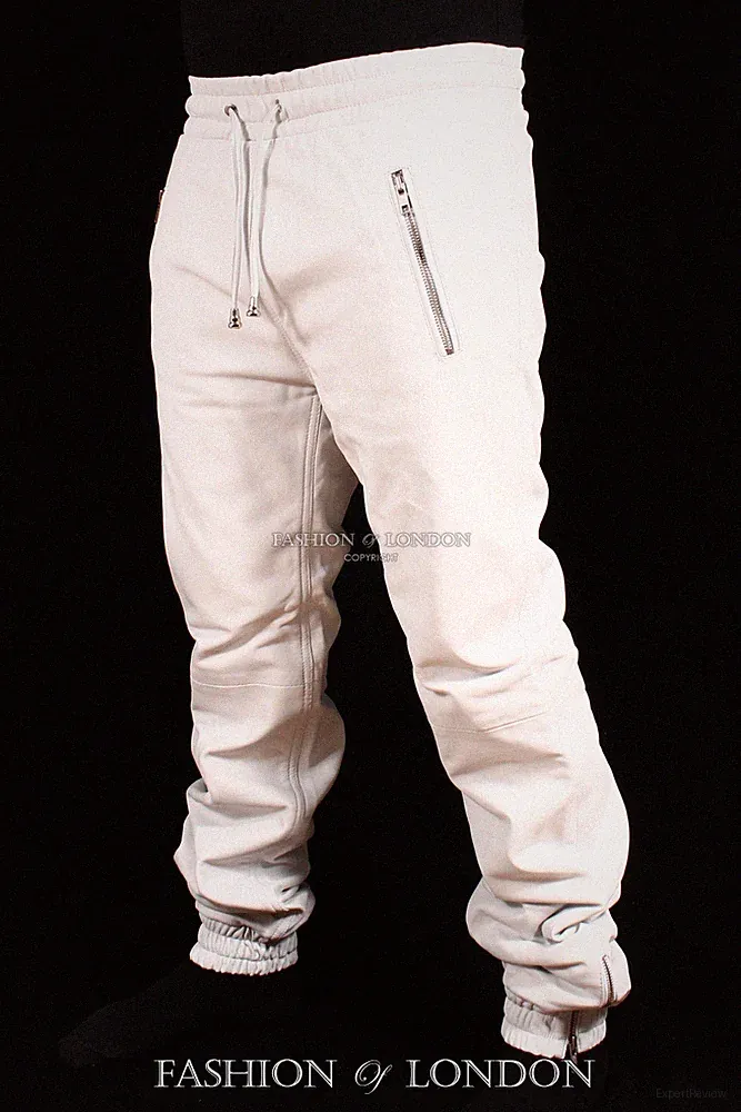 Herren JOGGER Weiß Lammleder Premium Leder Jogginghose Trainingsanzug Zughose