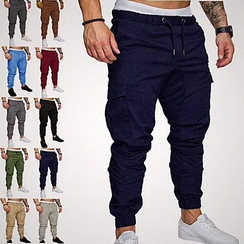 Herren Jogging Lange Hose Multi-tasche Kordelzug Freizeithose Einfarbig Laufhose