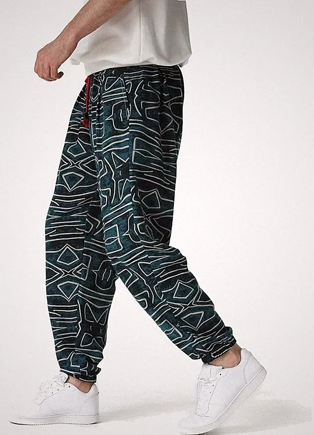 Herren Jogginghose Baumwolle Weit Ethno Muster Vintage Retro 70er Blau Gr 27 32