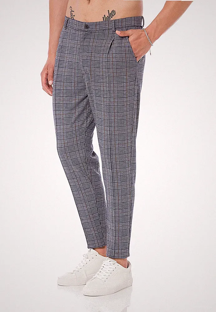 Herren Jogginghose im Chino Hosen Style Jogger Hose Freizeithose kariert S Grau