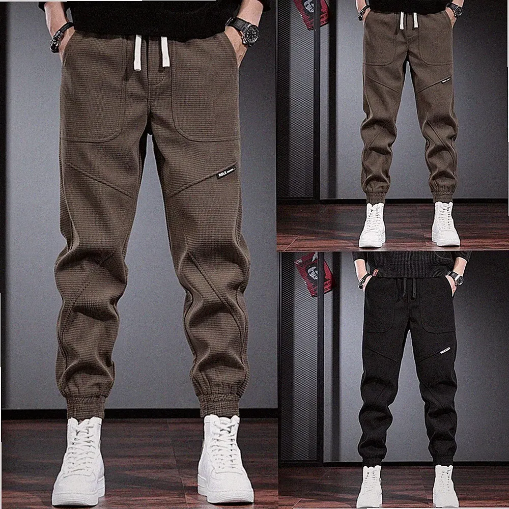 Herren Jogginghose lockerer Bund Hose kariert Struktur lockere Passform Gummibun