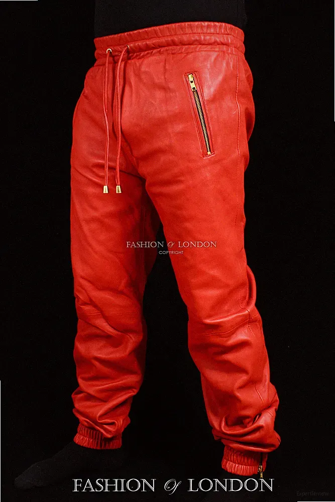 Herren JOGGINGHOSE Rot Lammfell Premium Leder Jogginghose Trainingsanzug Kordelzughose