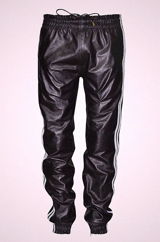 Herren Jogginghose Schwarz Weiß Gestreift Leder Sweat Tracksuit Lederhose