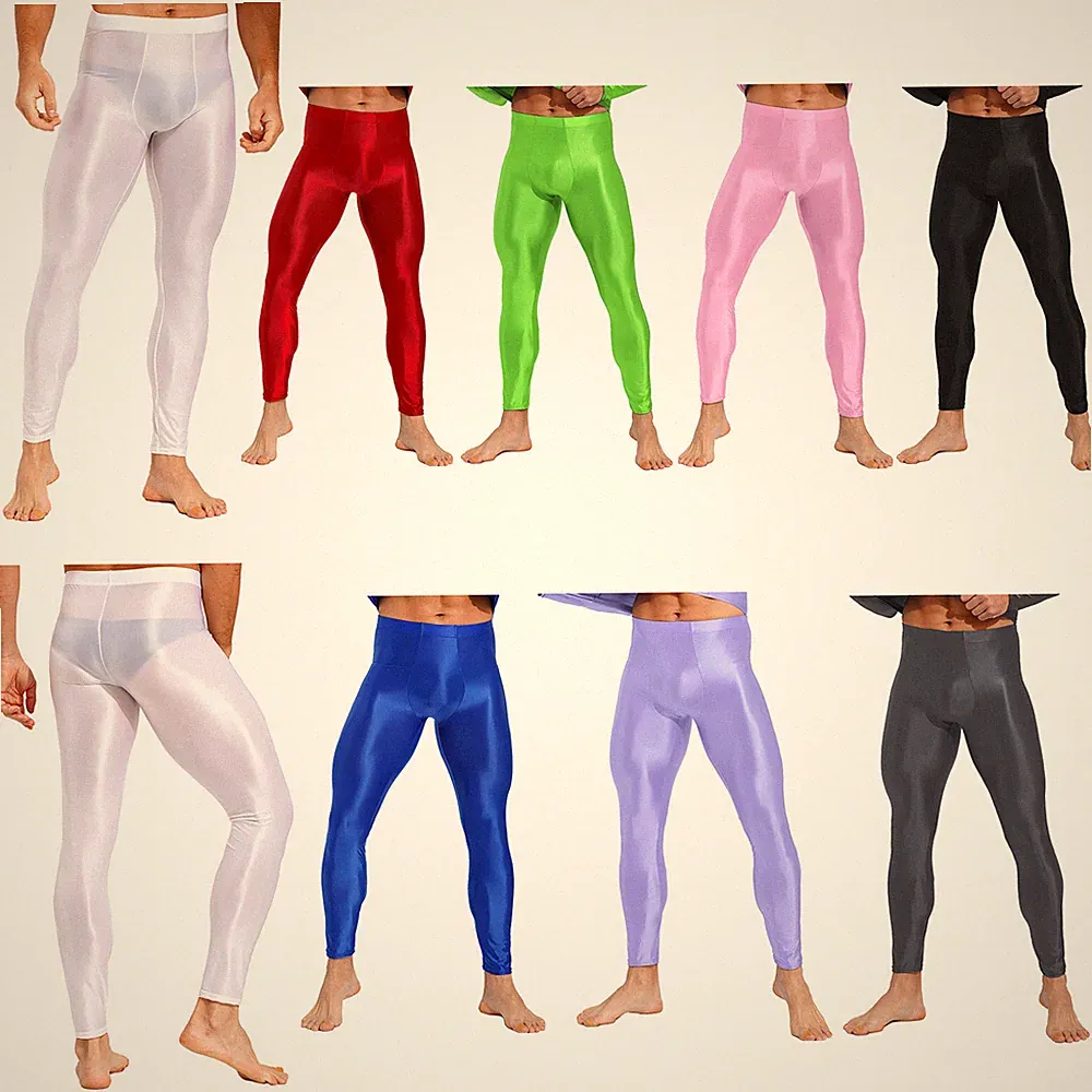 Herren Glänzend Hosen Stretch Lange Unterhosen Laufen Fitness Workout Leggings