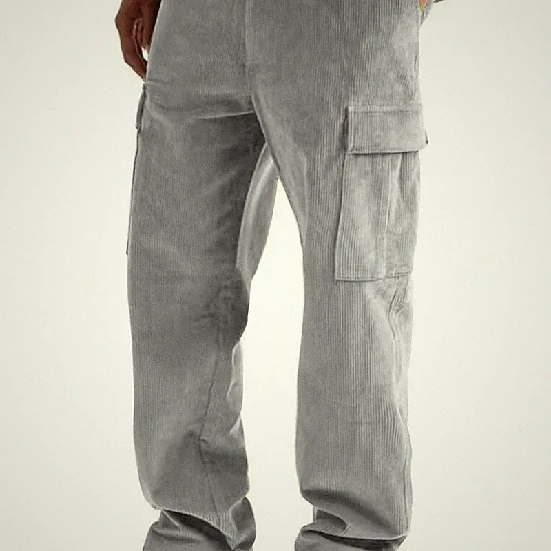 Herren Kord Cargo Hose Gerades Bein Mehrere Taschen Gummibund