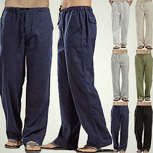 Herren Kordelzug Leinenhose Freizeithose Lange Weites Bein Einfach Sommerhose