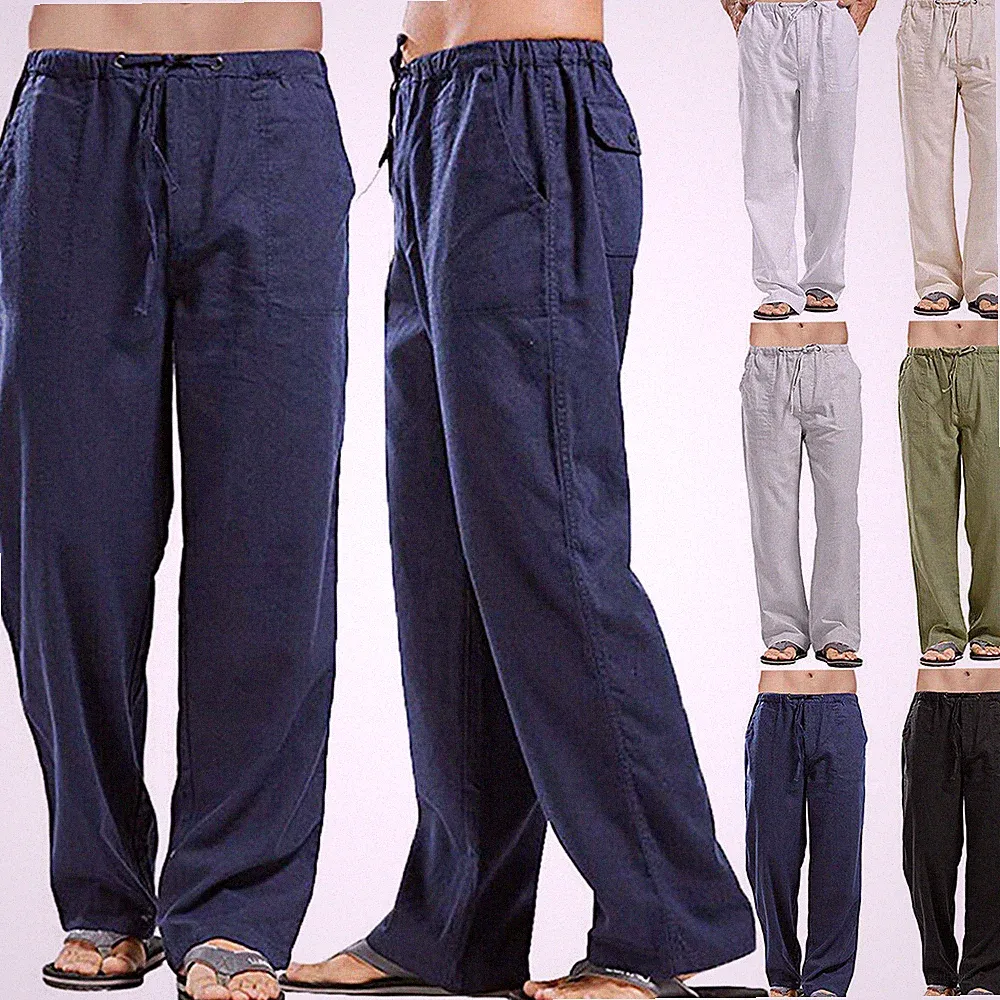 Herren Kordelzug Leinenhose Freizeithose Lange Weites Bein Einfach Sommerhose