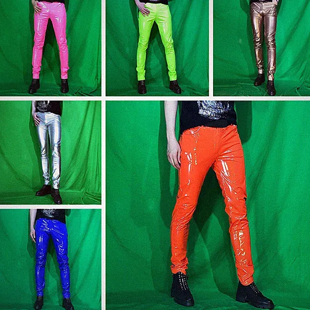 Herren Kunstleder Glänzend Hose Metallisch Skinny Dehnbar Slim Hose Club Party