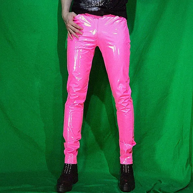 Herren Kunstleder Glänzend Hose Metallisch Skinny Dehnbar Slim Hose Club Party